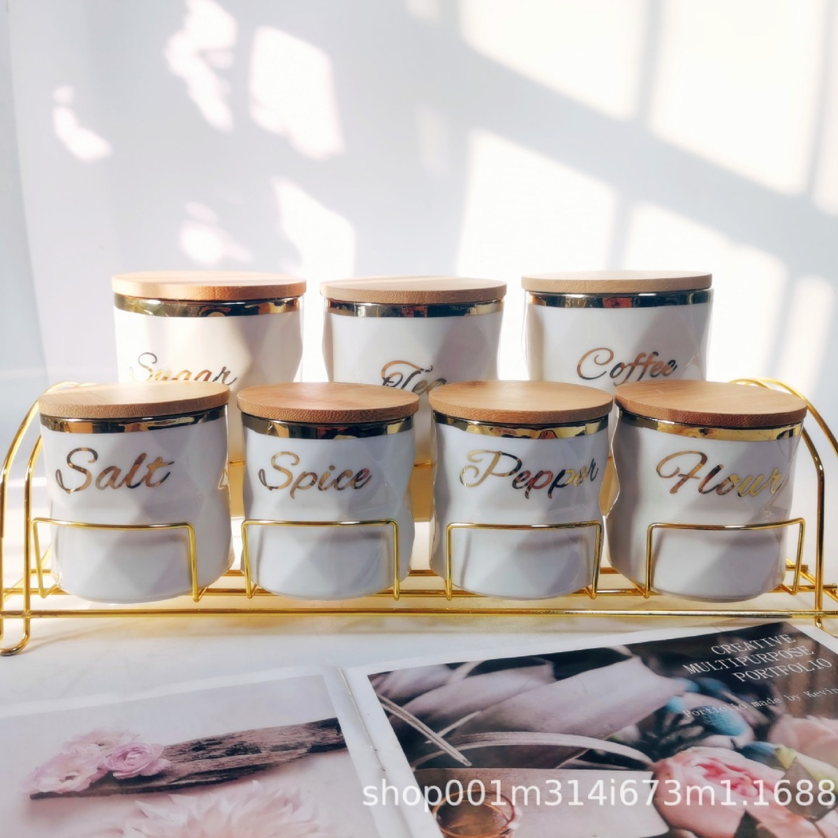 Venta directa de fábrica exportación transfronteriza tarro de condimento de cerámica tarro de té en forma de diamante con accesorios de hierro forjado juego de tarro de almacenamiento