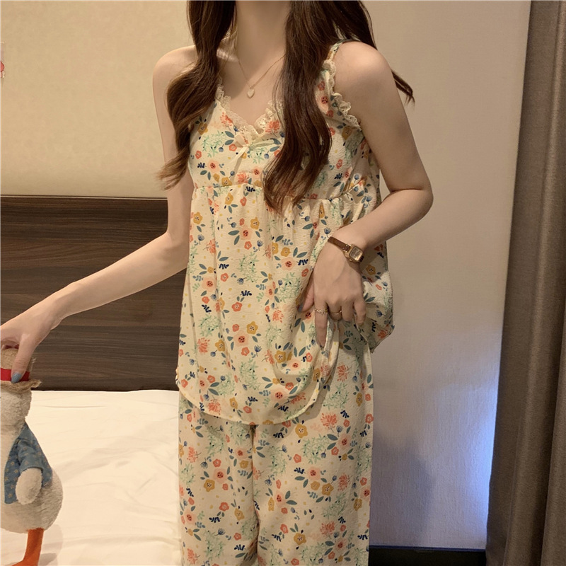 Algodón artificial con almohadilla en el pecho pijamas pantalones de tirantes de mujer ropa de casa de dos piezas se puede usar fuera estilo coreano ins Wind Net Red transmisión en vivo