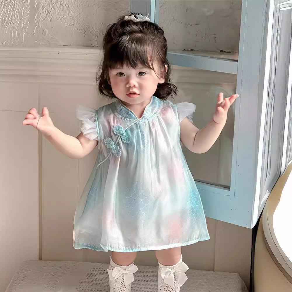Vestido de niña verano a vestido de princesa de estilo occidental nueva sirena azul Ji bebé nueva falda china 1