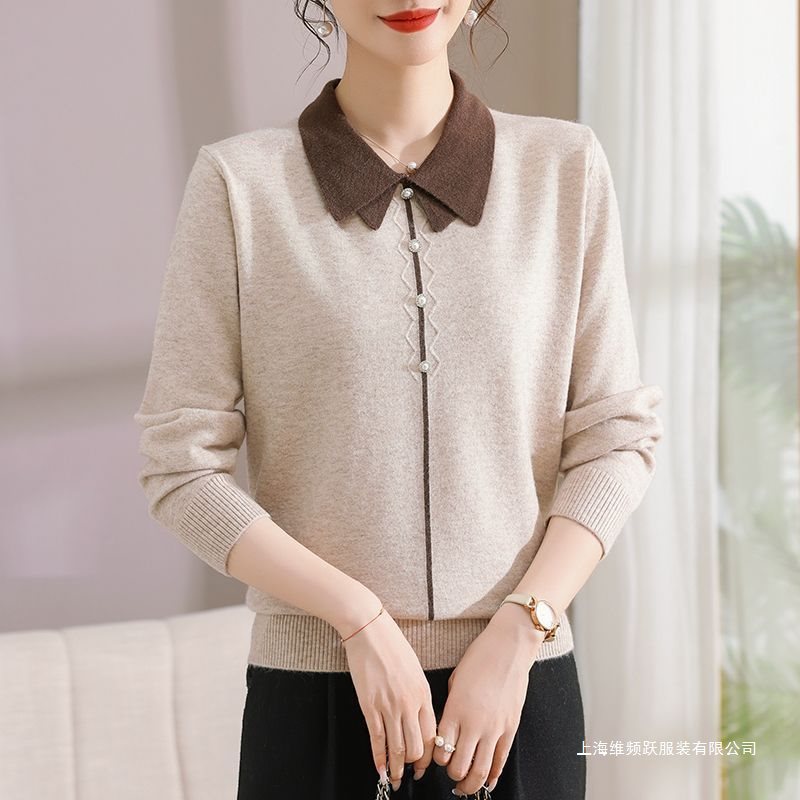妈妈秋装洋气翻领针织衫上衣新款中年女装春秋打底毛衣薄恤