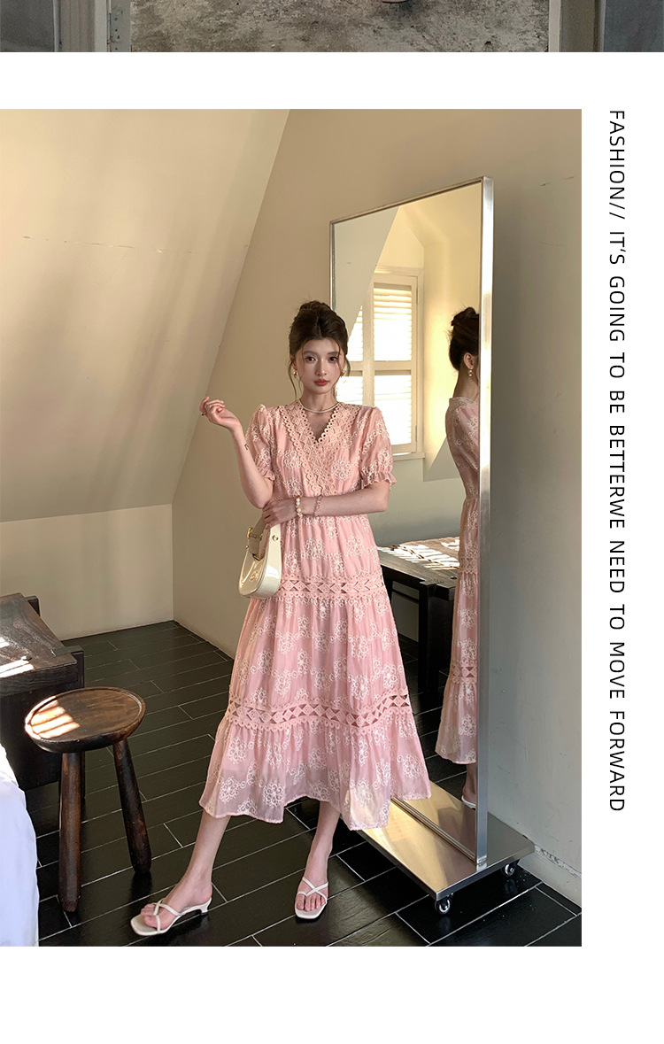 Đầm maxi nữ tay bồng ren hoa V cut-out phong cách Pháp cung đình — xanh lam, màu hồng, màu mơ chi tiết 42
