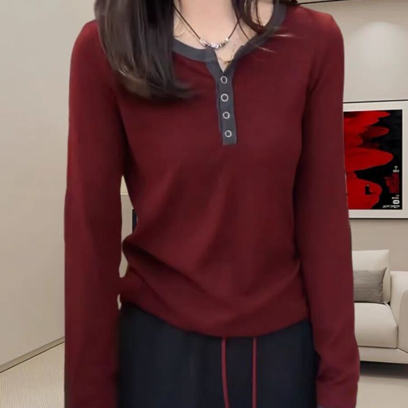 Elegant De Rong Long-Sleeve T-Shirt for Women, Early Autumn New Style, Color-Blocking Half-Open Collar Design, Fashionable Loose Slimming Top