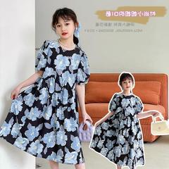 Girls' Summer Dress 2023 New Style Loose Long Dress with Cute Bubble Sleeve and Flower Print, Cotton Dress for Girls