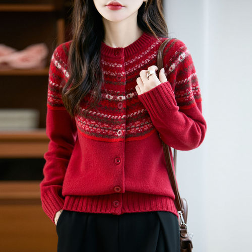 Autumn/Winter 100% Pure Wool Open Cardigan for Women, Thick Crew Neck Sweater Coat, Loose Korean Style Fair Isle Knit Top, Fashion