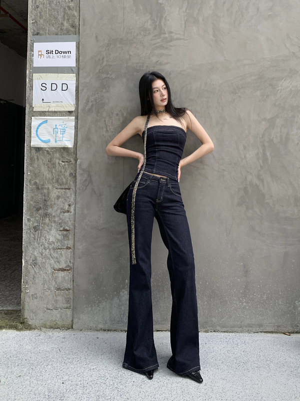 美式低腰弹力微喇叭牛仔裤女2025年秋季新款不褪色显瘦百搭拖地裤|undefined