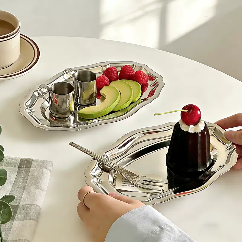 北欧304不锈钢托盘银色餐盘蛋糕甜品轻奢法式早餐摆盘餐具扇形盘