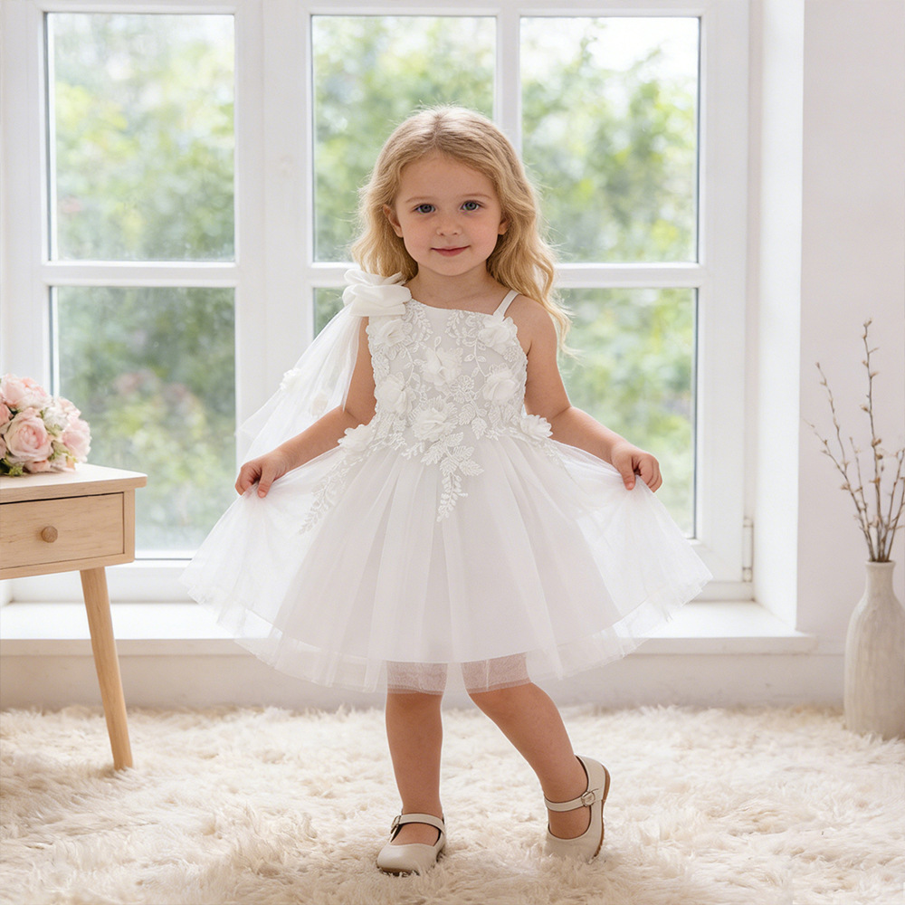 Vestido de lacio de fábrica vestido de novia blanco vestido de vestir chal vestido de princesa hinchada para niños