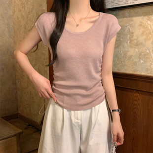 in stock Real Price Spring and Summer Korean Style light purple U Neck Loose Shoulder Drawstring Design 6 Wool Knitwear Short Sleeve Top