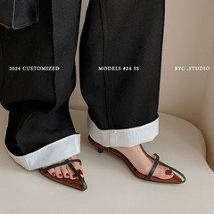 Women's Cat Heel Leather Cross Strap Sandals, Summer New Arrival Solid Color Pointed-Toe Fashion Open-Toe Full Leather Sandals with High Heels