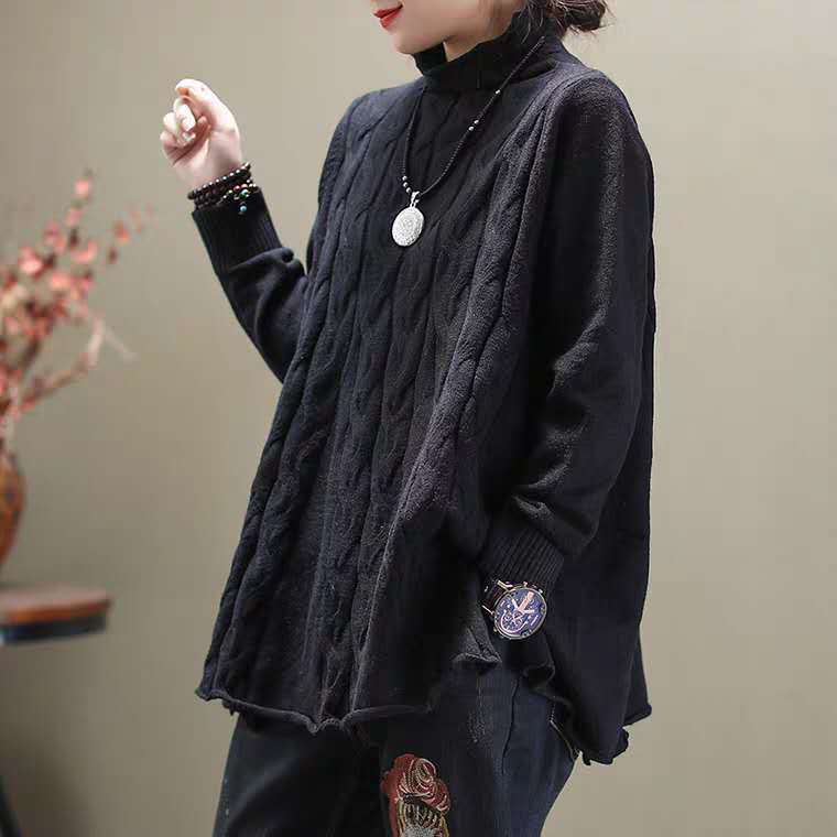 New Style Women's Loose Large Size Fat Artistic Curled Edge Slit Knitted Sweater