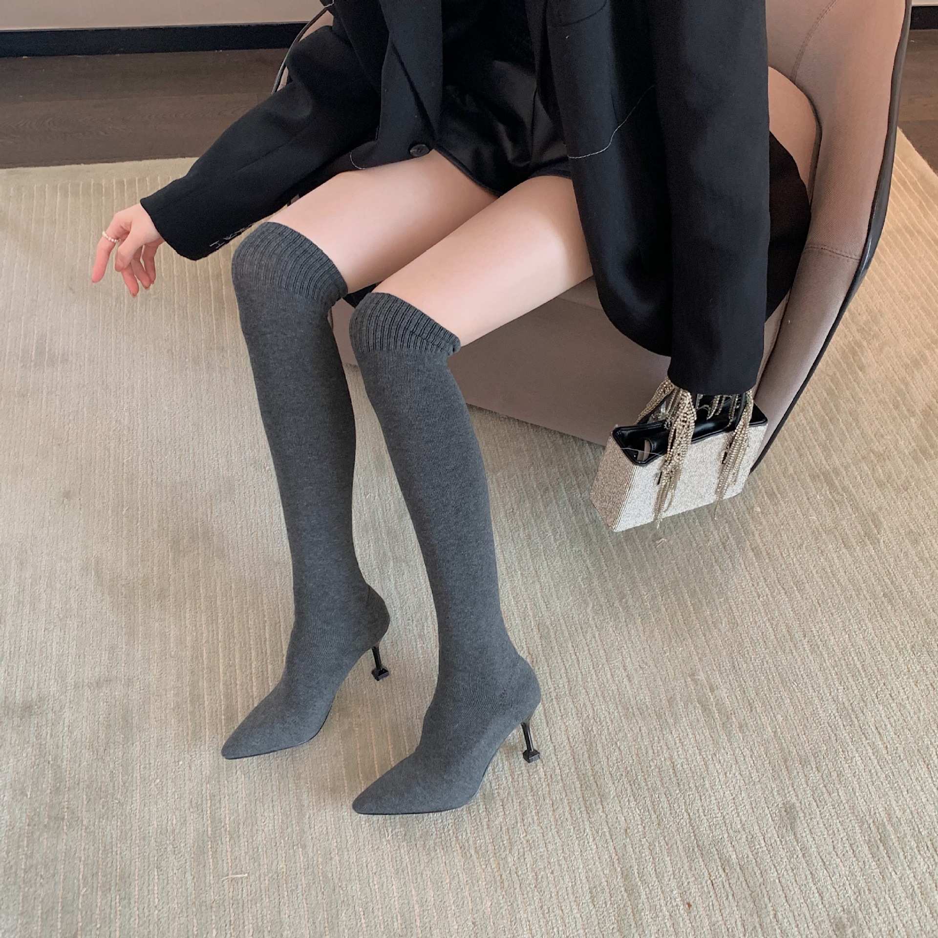 Nouveau style bottes pour femmes pointues  talons aiguilles tricotes extensibles sur les chaussettes au genou bottes bottes longuespicture8
