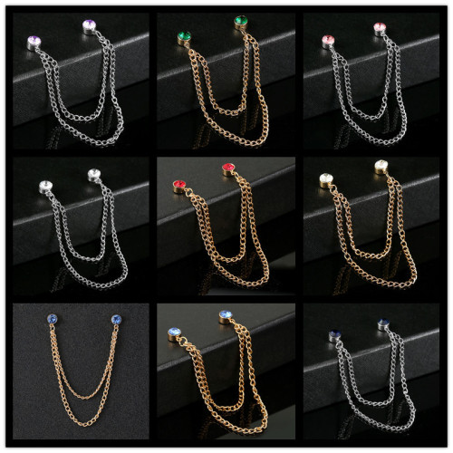 速卖通热销衬衫领口装饰 男士带钻时尚领针 胸口配饰链条胸针