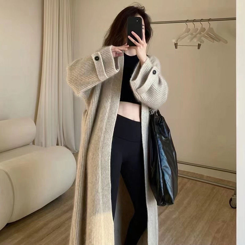 韩系高级感长款毛衣外套秋冬慵懒风过膝中长款针织开衫宽松上衣潮|undefined