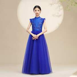 儿童古筝演出服女童公主裙宝蓝水袖走秀古筝二胡民乐演奏演出礼服