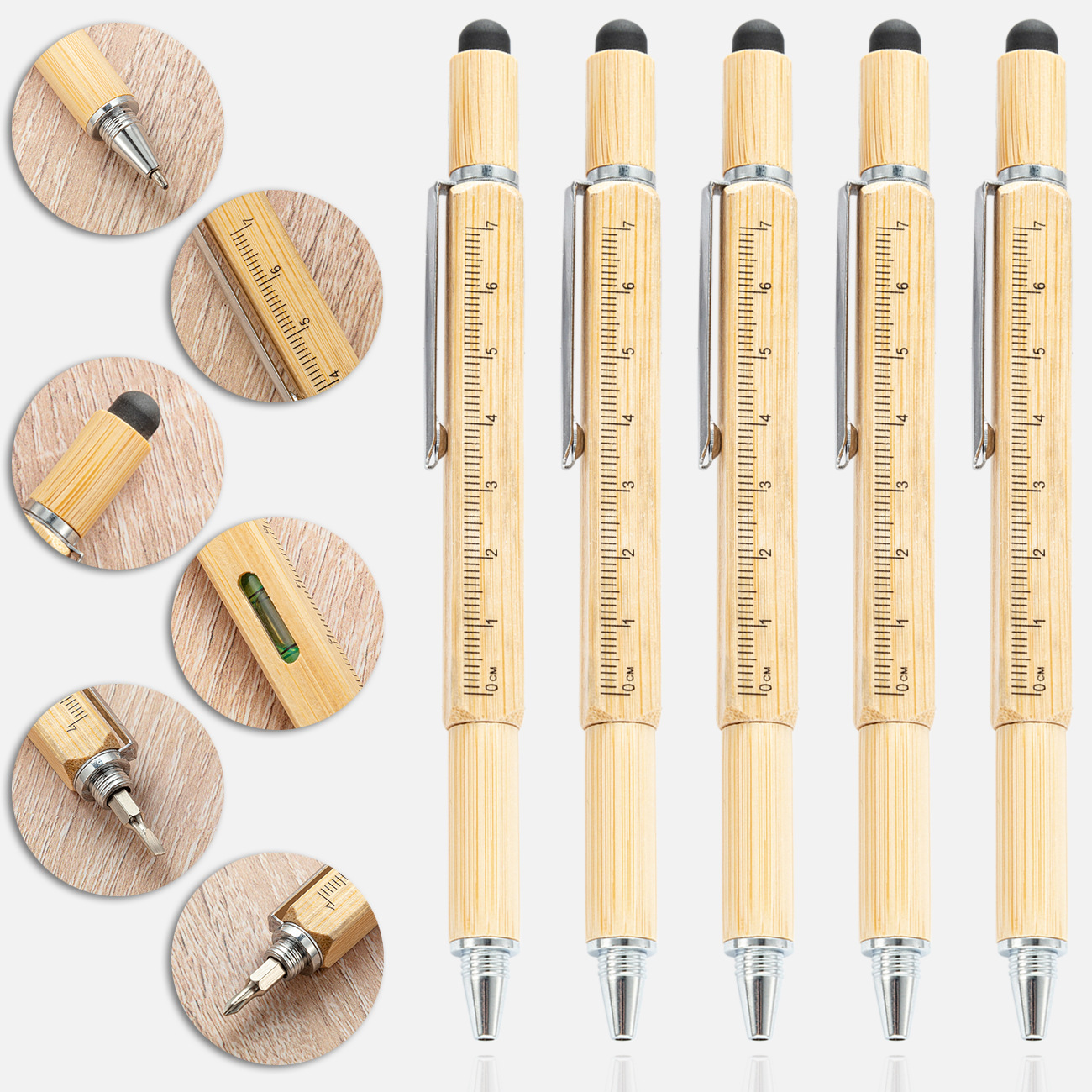 新款竹子工具笔六合一螺丝刀水平仪刻度尺触屏笔户外多功能工具笔