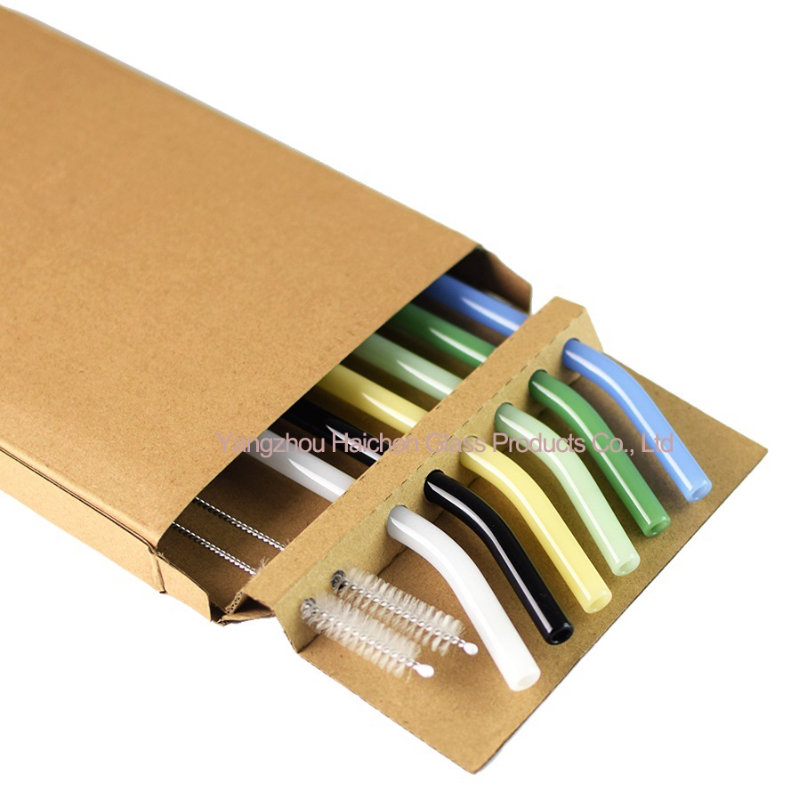 Amazon Venta caliente manchado traje de paja vidrio protección ambiental resistente al calor bebida leche codo 0,8*20cm6 tubo 2 Cepillos