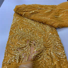 法式珠管珠片蕾丝料婚纱礼服连衣裙面料hand beaded lace fabric