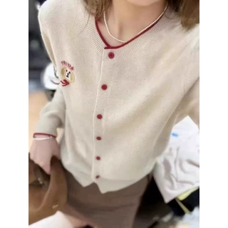 美丽诺100%纯羊毛开衫女士欧货高端早秋毛衣刺绣字母羊绒针织外套