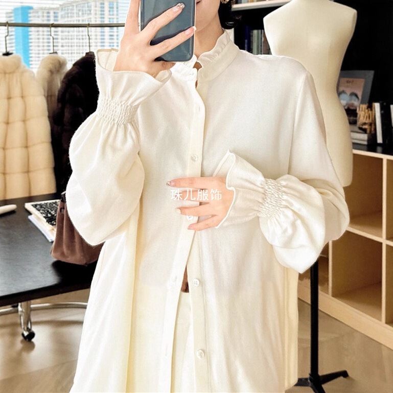 Fashionable French-Style Double-Pleated Silk Shirt with Lace Collar, Non-Long Sleeves, High-Quality, Returnable, Heavy-Duty