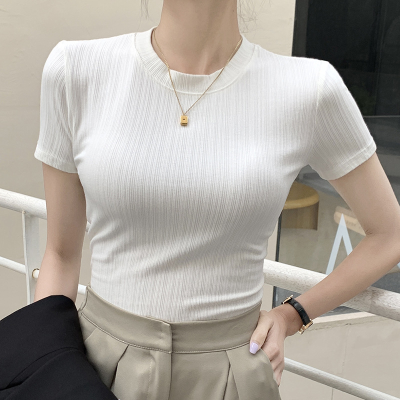 H311 新しいラウンドネック Tシャツ女性の夏のトップカジュアル半袖 Tシャツ多用途通気性女性のスリムフィットボトリングシャツ|undefined