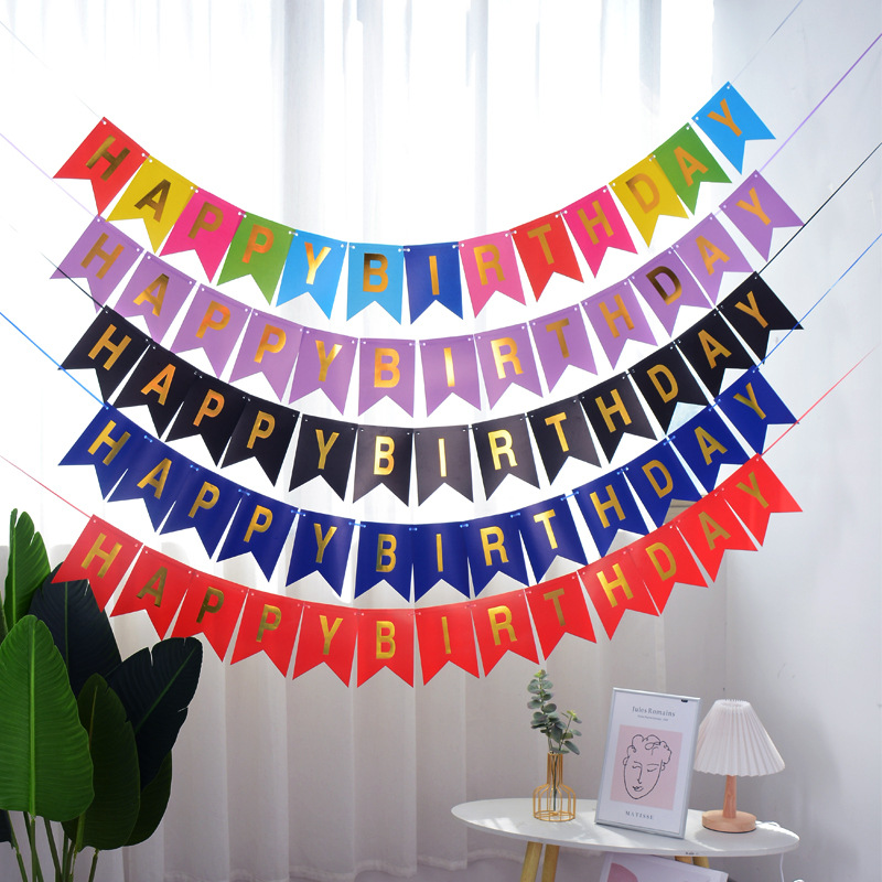 Papel de cumpleaños inglés dorado superficie brillante cola de pez tire bandera Feliz cumpleaños carta colorida bandera accesorios de decoración de fiesta