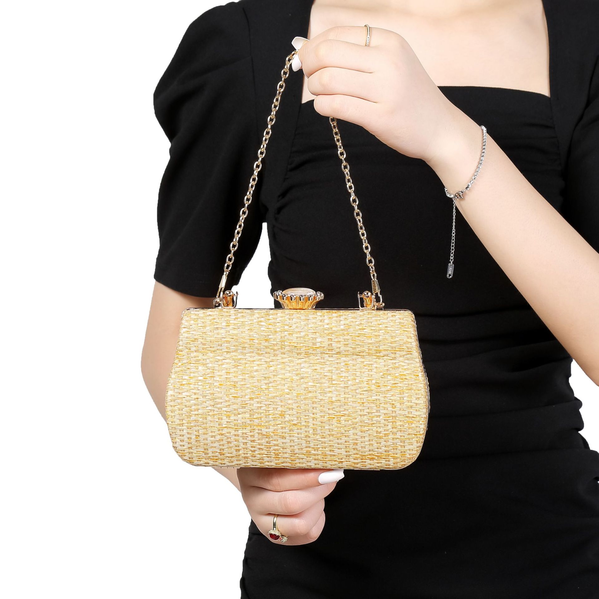 322g Weight Lock clasp Closure Type Ring Handle, Chain Strap Type Evening Bag, Box bag Bags Type Casual Occasion Straw Material Solid Color Pattern All Seasons Season Women's Gender Elegant Style Square Shape Women's Straw Solid Color Elegant Square Lock Clasp Evening Bag Box Bag 9