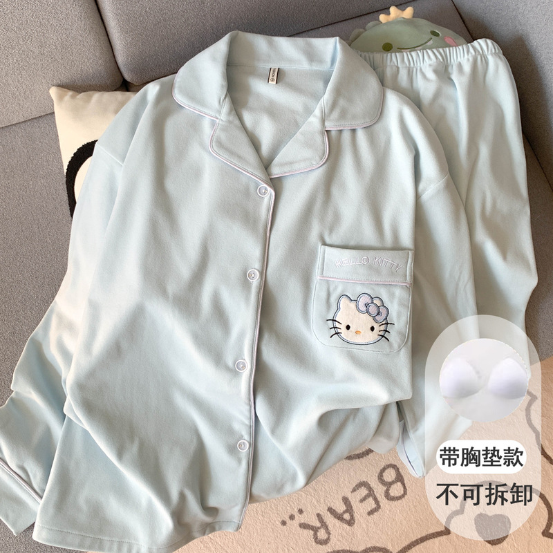With Chest Pad Hellokitty Velvet Pajamas Women's Spring, Autumn and Winter Coral Velvet Fleece-Lined Suit Thickeneded Home Clothes With Chest Pad Hellokitty Velvet Pajamas Women's Spring, Autumn and Winter Coral Velvet Fleece-Lined Suit Thickeneded Home Clothes