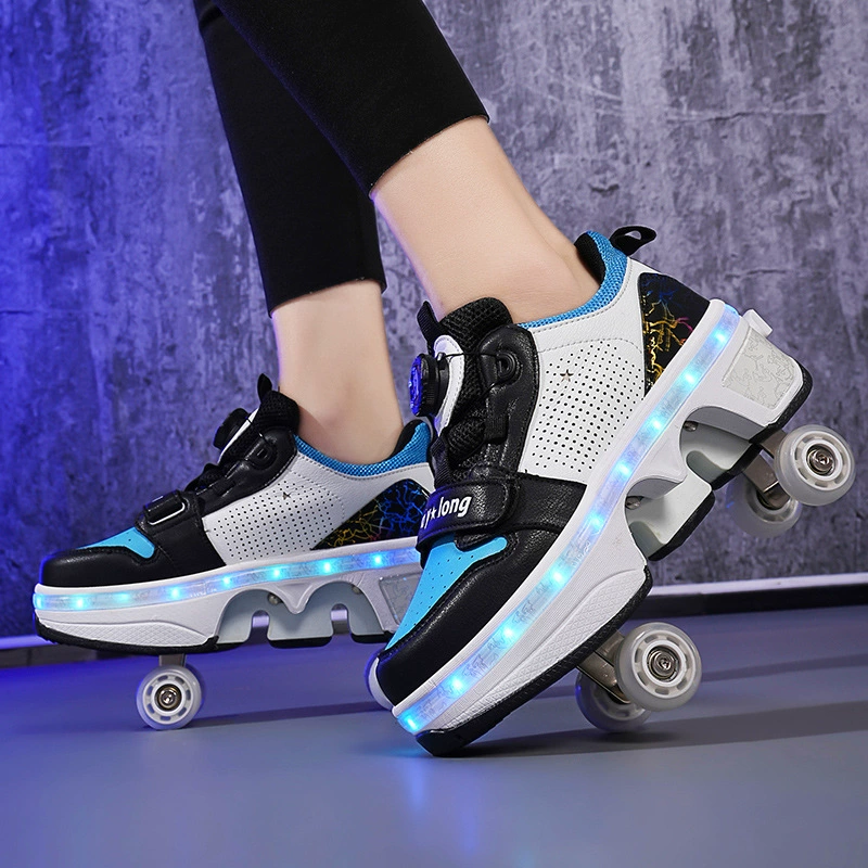 Transformable four‑wheel roller shoes, breathable mesh, unisex, sizes 33–43