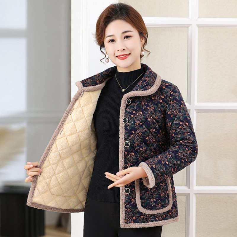 奶奶冬装棉衣翻领碎花外套妈妈装冬季加绒加厚棉服老太太短款棉袄|undefined