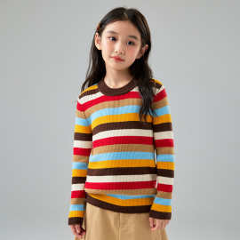羊绒衫秋冬内搭打底衫儿童羊毛衫圆领女童修身显瘦条纹毛衣贴身穿