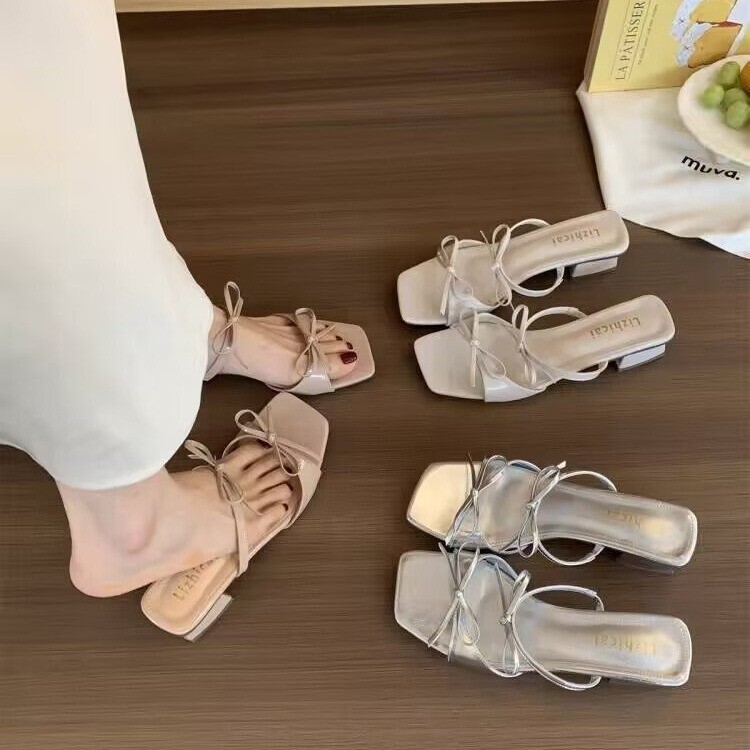 ファッショナブルで美しい〜太いヒールフレンチリボンスクエアトゥオープントゥサンダル女性のアウターシューズ2025夏新作|undefined