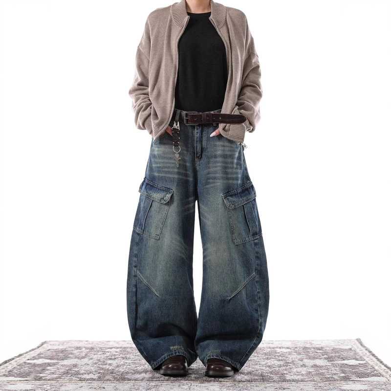 Cross-Border American Retro New Style Washed Straight Loose Vintage Jeans Unisex Autumn and Winter Multi-Pocket
