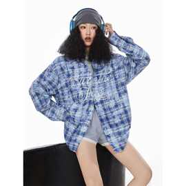 国潮牌美式高街字母刺绣格子衬衫女春秋款设计感小众蓝色上衣外套