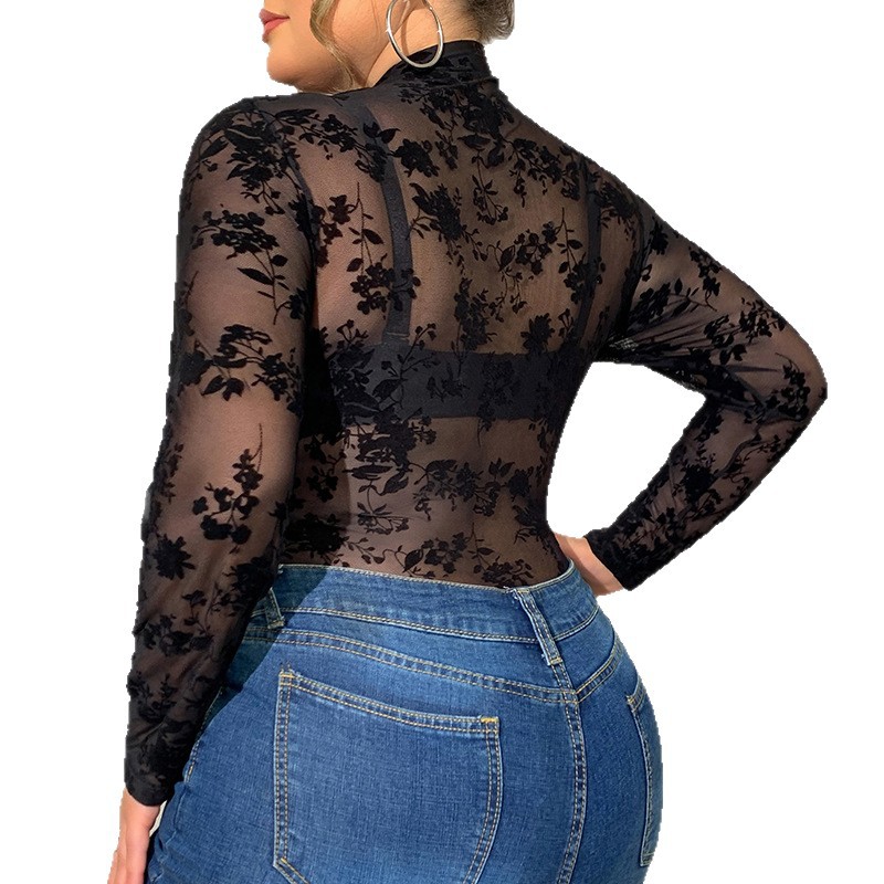 Tamaño grande MM sexy encaje mono estampado flocado de manga larga malla perspectiva temperamento delgado camisa de fondo de chica caliente