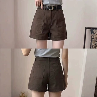 美式复古棕咖色高腰阔腿牛仔热裤女夏季薄款显瘦甜酷辣妹工装短裤