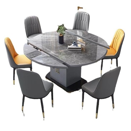 Light Luxury Quartz Stone Dining Table for Home Use: Compact Round Table with Modern Minimalist Design, Telescoping & Folding Features, Solid Wood Construction, and Built-in Storage Cabinet for Dining Chairs