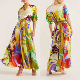 2026春季新款 跨境欧美外贸女装 优雅通勤时尚印花衬衫休闲套装