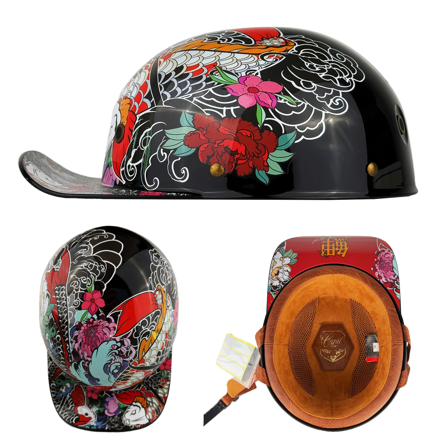 Vintage Ukiyo-E Koi Baseball Cap Helmet Half Helmet Retro Harley Motorcycle Painted Electric Vehicle Safety Helmet 03