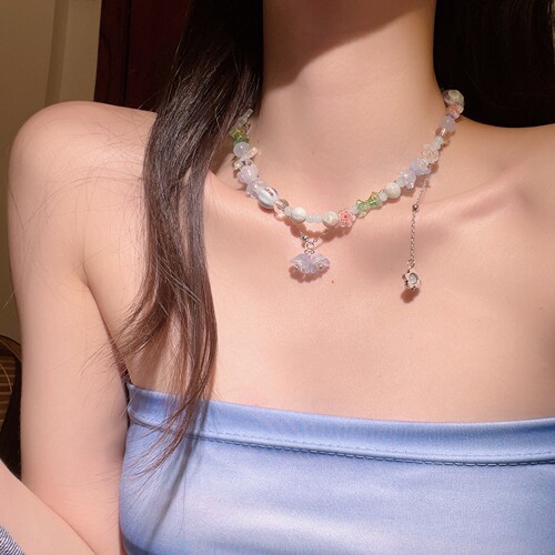 Blue flower beaded necklace for women summer dopamine fairy sweet girl niche design clavicle chain necklace