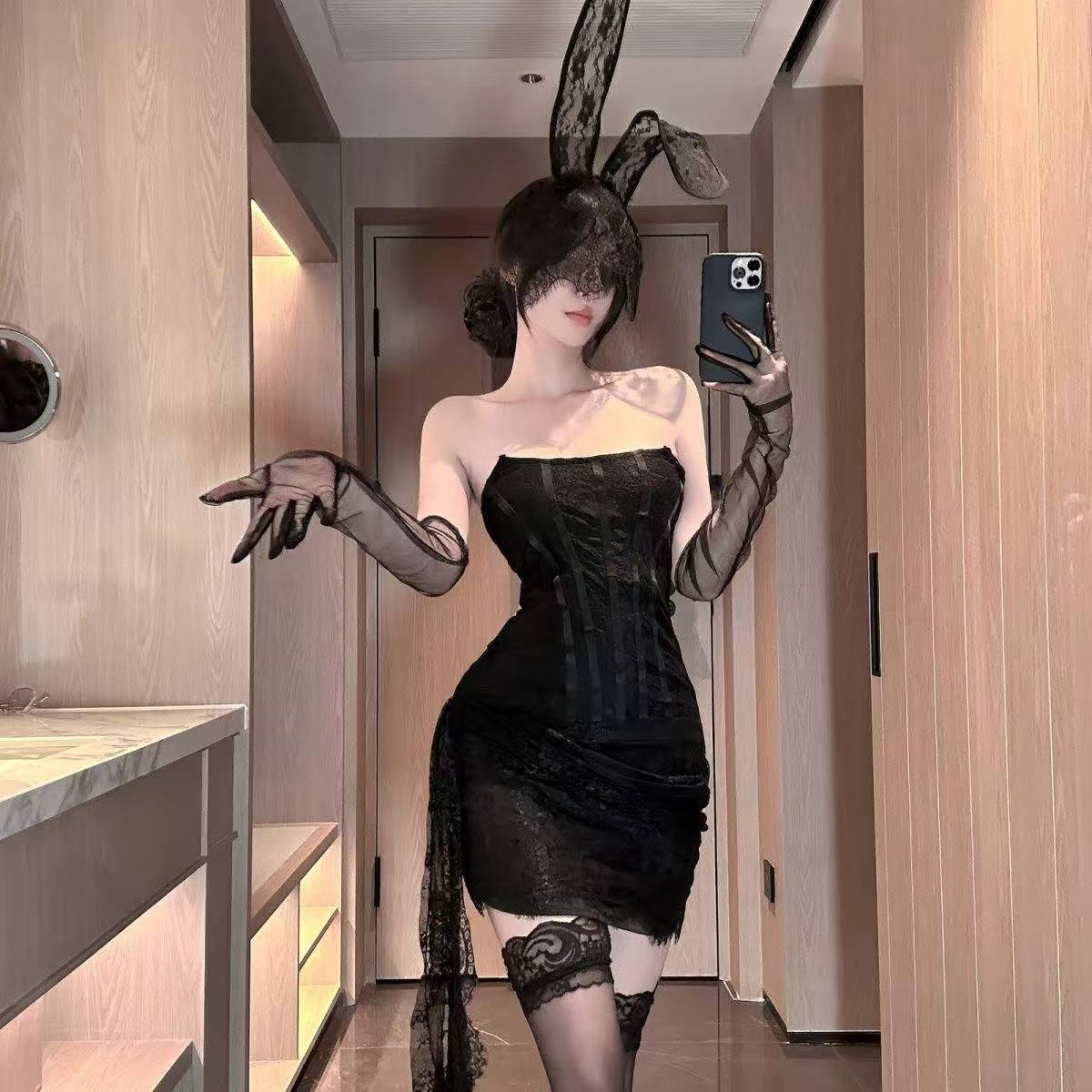 Lace Strapless Mini Dress Costume with Gloves, Stockings and Cat Ears, White One Size — detail image 1