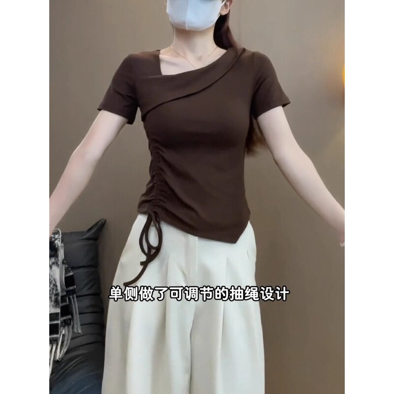 大码咖色设计感抽绳收腰短袖T恤女夏2025新款显瘦不规则正肩上衣|undefined