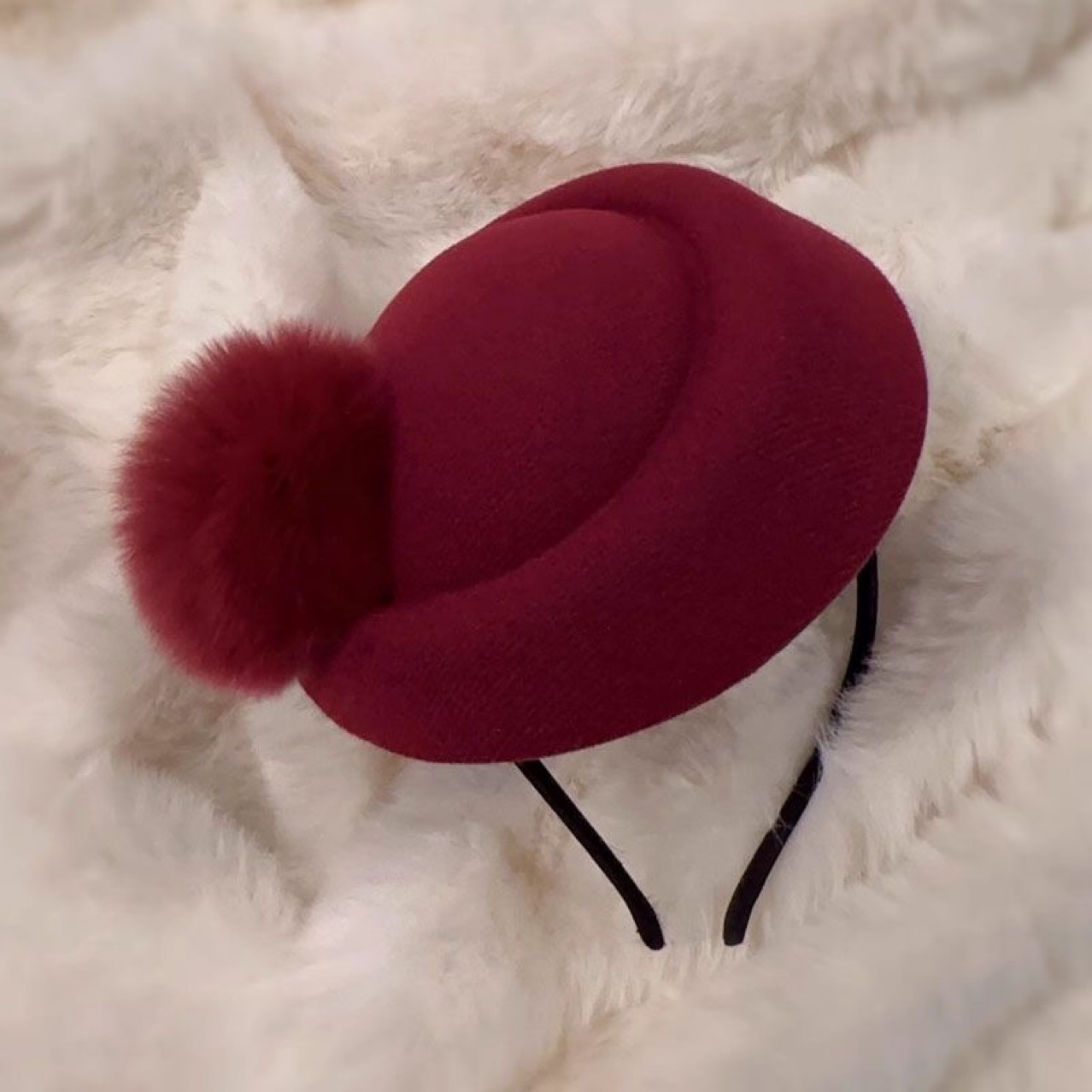 气质甜美毛球毛呢小帽子发箍酒红色贝雷帽蝴蝶结发卡礼帽发饰