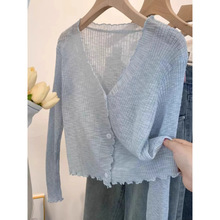 夏季外搭薄款辣妹披肩吊带冰丝防晒木耳边开衫罩衫v领针织上衣女
