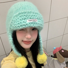 可爱绿色针织毛球护耳帽女秋冬季韩系飞行帽毛线帽保暖雷锋帽子潮