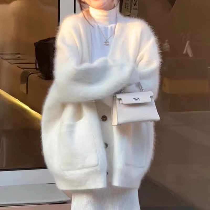 Korean Fashion Soft Waxy Sweater Women's Coat Autumn and Winter New Loose Lazy Style Gentle Imitation Mink Knitted Cardigan for Women