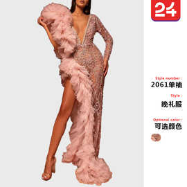 2025跨境新款跨境欧美女装亚马逊连衣裙性感亮片长袖不规则晚礼服