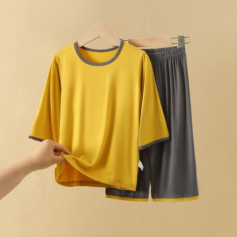 Children's Pajamas Set, Summer Thin Style, Three-Quarter Sleeves, Air-Conditioned Clothing, Boys and Girls Home Wear Set, Modal for Older Children