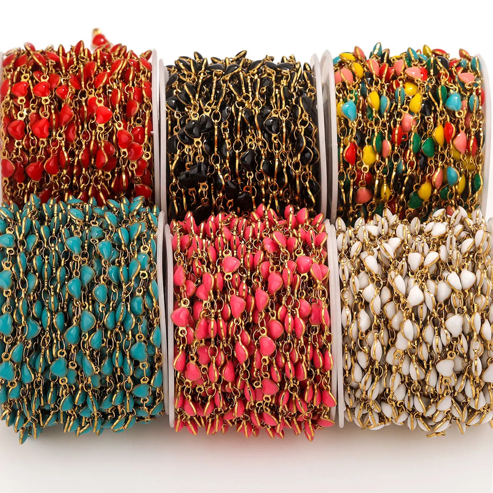 Cadena de esmalte europea y americana, cadena de aceite de gota de acero inoxidable con retención de color, cadena de corazón de melocotón de color, cadena de joyería de bricolaje, collar, pulsera, cadena