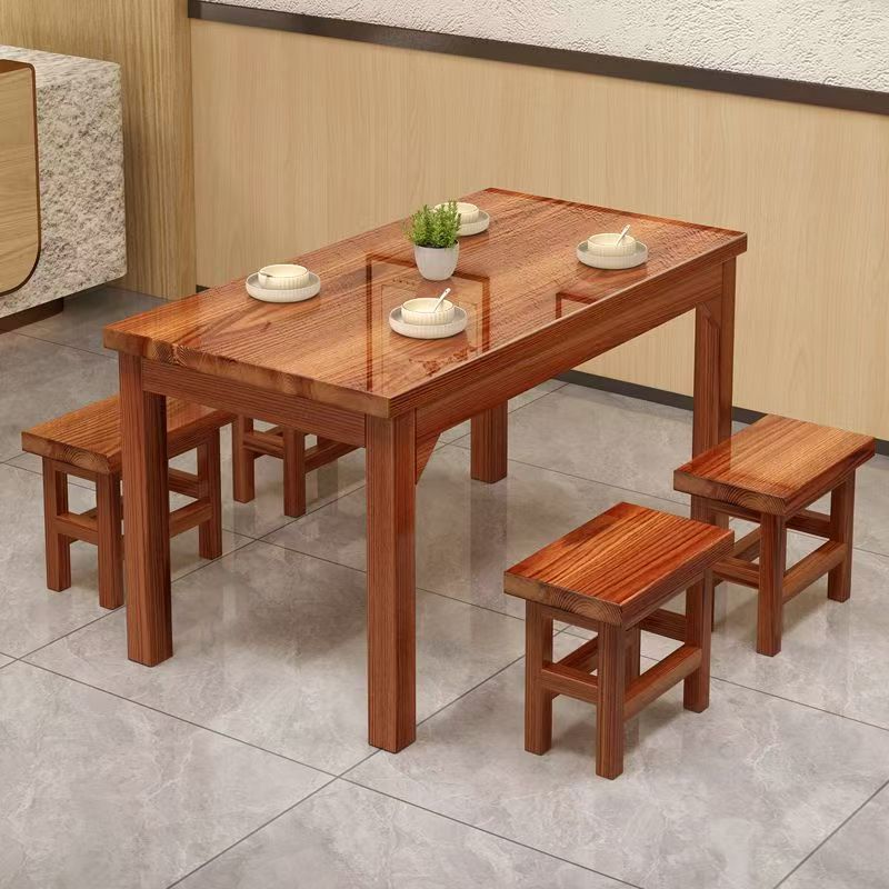Solid Wood Carbonized Dining Table Restaurant Retro Fast Food Table Restaurant Barbecue Shop Snack Hot Pot Restaurant Commercial Dining Table and Chair Combination