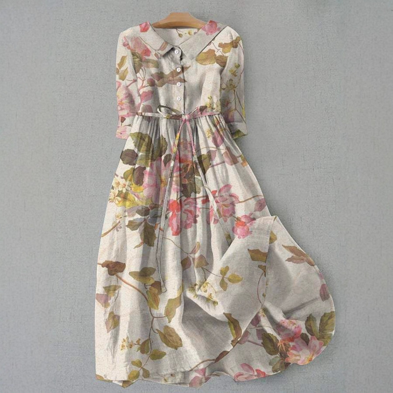 Cross-Border Independent Station Amazon Shirt Dress Women's Casual Floral 3D Printed Three-Quarter Sleeve Long Skirt